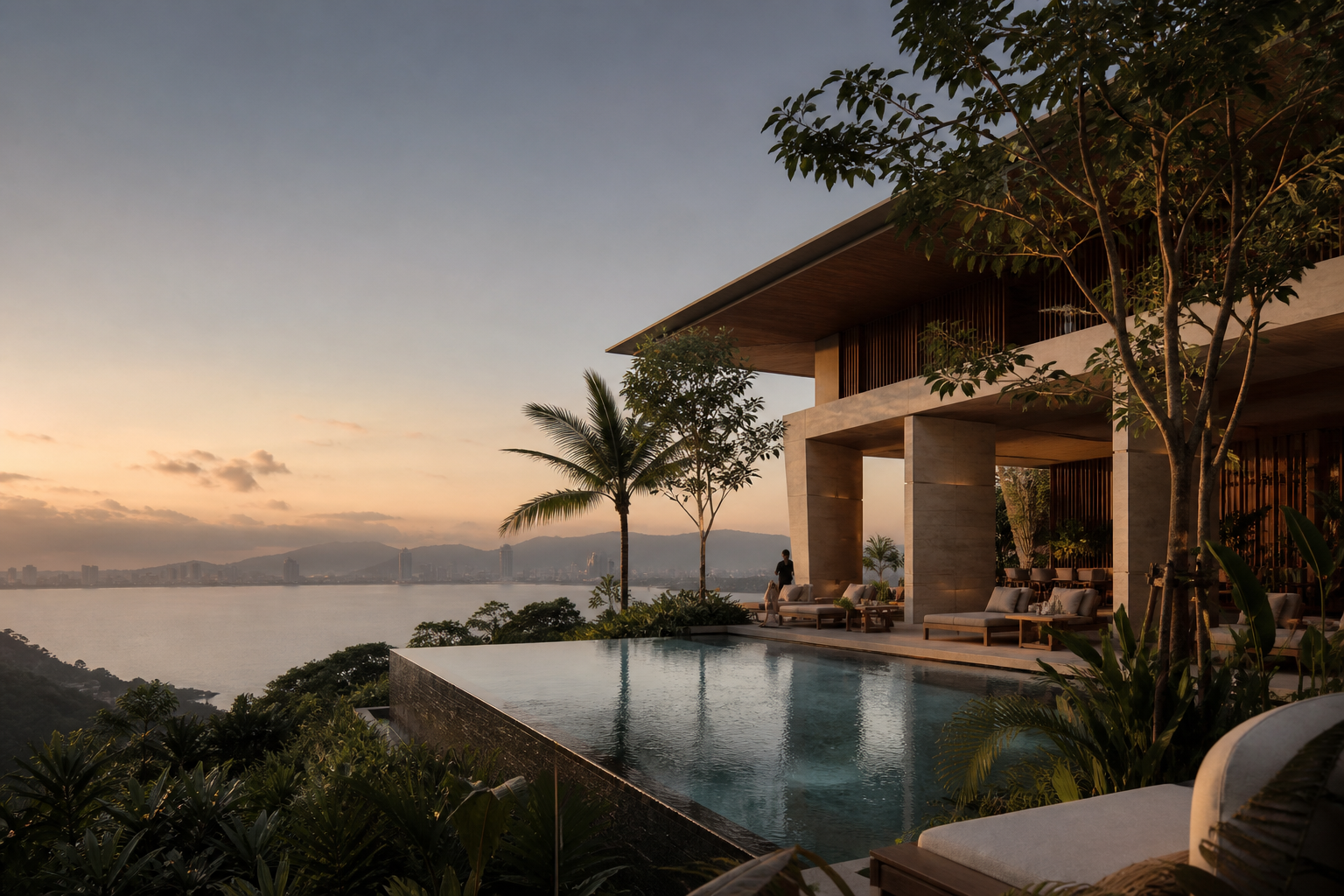 A fictional contemporary tropical hotel overlooking a Vietnamese bay at dawn